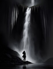 Photo of a person standing in awe in front of a majestic waterfall