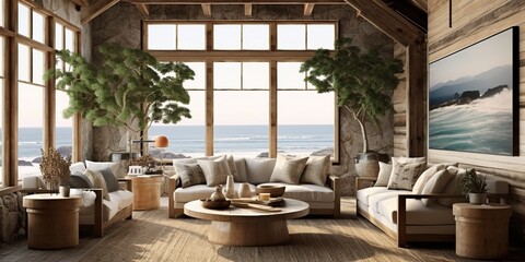 Living room decor, home interior design. Coastal Rustic style with Ocean View decorated