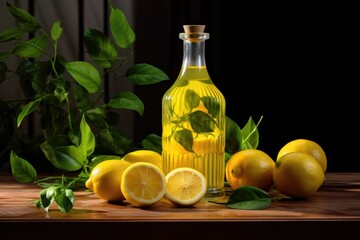 a glass transparent bottle standing on a table among lemons