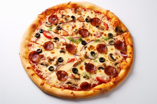 Italian pizza in a circular shape on a white isolated backdrop.. ai generation