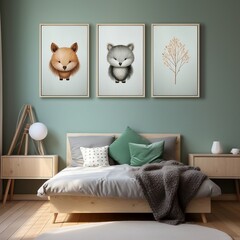 3 pictures of a baby room with the bear, deer, lion and teddy bear, in the style of minimalistic modernism