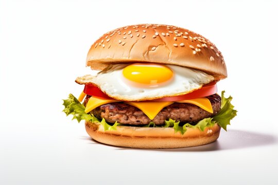 Juicy egg burger on isolated white background.. ai generation