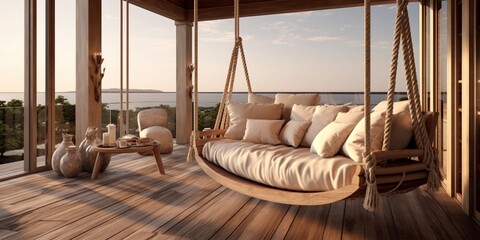 Luxury house veranda with hanging swing.