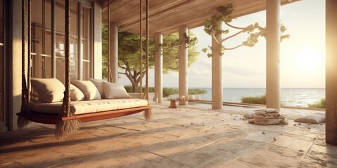 Luxury house veranda with hanging swing. Generative AI