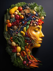 Conveying the concept of making healthy lifestyle choices through an artistic representation of fresh green vegetables and fruits forming a human head, emphasizing the value of proper nutrition. - obrazy, fototapety, plakaty