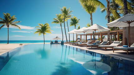 Luxury resort with swimming pool and loungers umbrellas. Beach and sea with palm trees in background