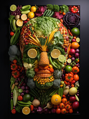 Encouraging a healthy lifestyle choice by showcasing an imaginative display of fresh green vegetables and fruits crafted into a human face, underscoring the role of good nutrition.
