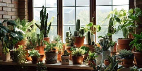Fototapeta na wymiar Many beautiful potted houseplants on windowsill indoors