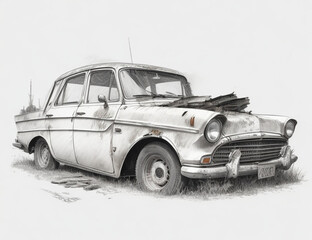 Classic old broken car. black and white drawing.