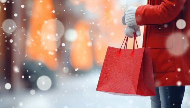 Outdoors young beautiful fashion woman in stylish winter coat holding red shopping bag posing on snowy city street. copy space