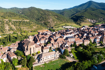 Aerial drone view of Anso village in Anso valley, Huesca, Aragon, Spanish Pyrenees, Spain
