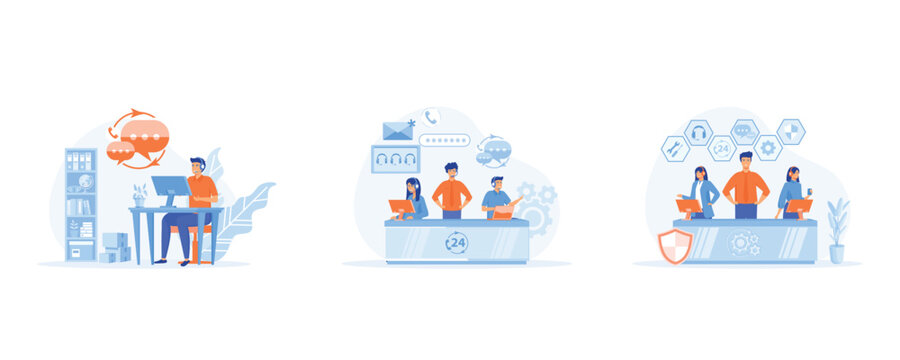  customer service, hotline operator advises customer, online global technical support 24-7. set flat vector modern illustration