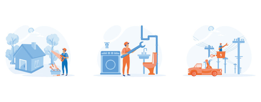 Home renovation concept. Carpenter, plumber and electrician services,  set flat vector modern illustration