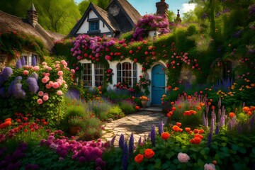Fototapeta na wymiar garden with flowers and house Generated Ai
