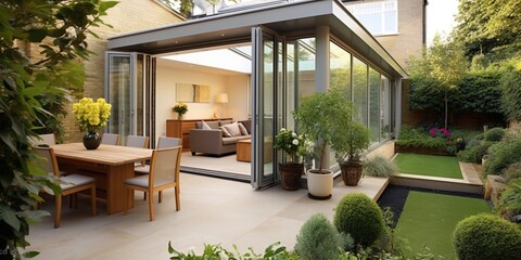 Modern Sunroom or conservatory extending into the garden, surrounded by a block paved patio - obrazy, fototapety, plakaty