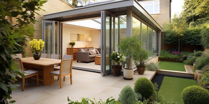 Modern Sunroom or conservatory extending into the garden, surrounded by a block paved patio