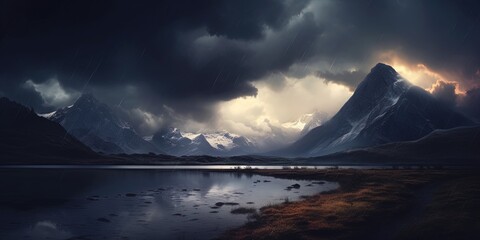 Mountain lake with dramatic clouds in stormy sky at blue twilight