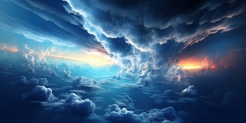 Natural sun shines over clouds in deep blue stormy sky