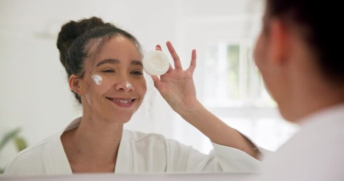 Face Cream, Mirror And Woman Kiss, Smile And Happy With Skincare, Application And Results At Home. Beauty, Sunscreen And Female With Emoji Lips In A Bathroom For Wellness, Dermatology Or Satisfaction