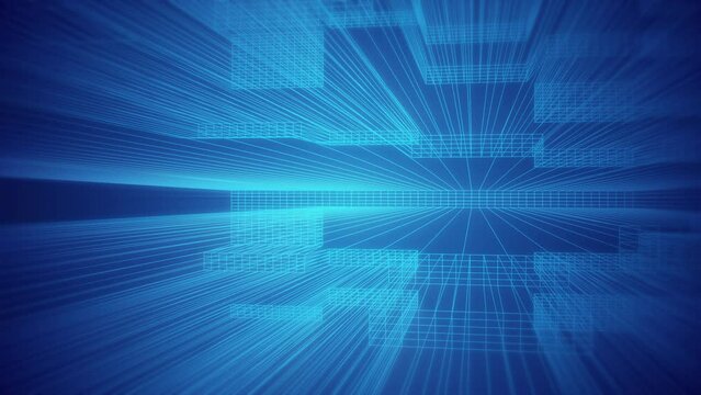 Retro blue wireframe grid motion background animation. This 1980s style vintage computer graphics technology background is full HD and a seamless loop.