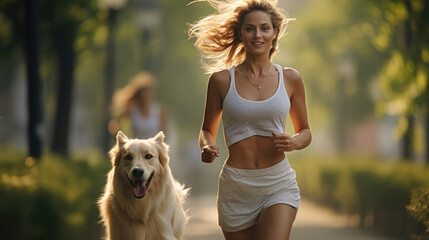 a healthy woman is running for exercise with dog at park in the morning. 