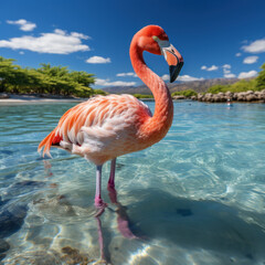  A medium pink flamingo over a turquoise shallow sea 
