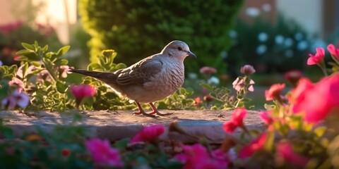 One dove walks along the edge of flower bed with beautiful red pink geranium flowers on sunny day