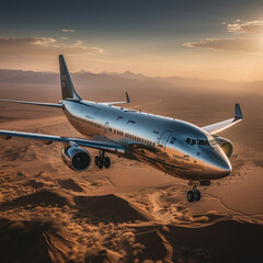 Fototapeta na wymiar A large silver airplane over a brown desert land 