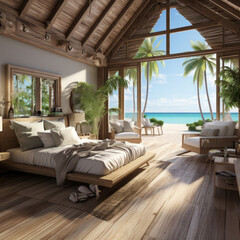 Tropical beach house bedroom interior
