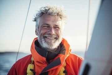 Smiling senior man standingof sailing boat looking at camera