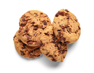 Tasty cookies with chocolate chips on white background