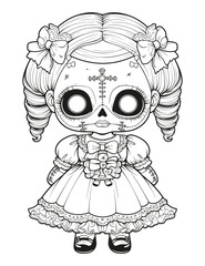 Doll with scary sinister expression, Spooky Gothic Horror Coloring Page, clean line drawing, strong outline