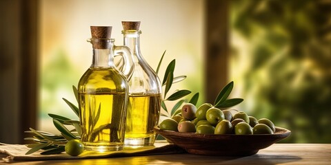 Organic olive oil. Glass bottle with natural olive oil and green olives on table on a blurred background