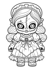 Doll with scary sinister expression, Spooky Gothic Horror Coloring Page, clean line drawing, strong outline