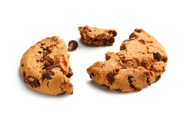 Pieces of tasty cookie with chocolate chips on white background