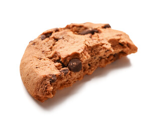 Piece of tasty cookie with chocolate chips on white background
