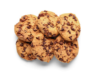 Tasty cookies with chocolate chips on white background
