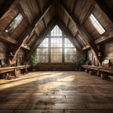  Rustic wooden barn loft interior 
