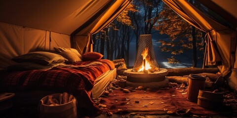 Photo of a cozy camping tent with a warm fire burning inside created