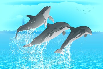 delfines, salto, mar, vector, ilustracion