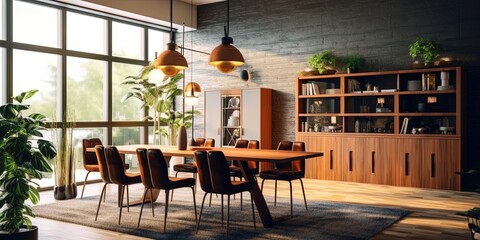 Photo of a modern dining room with stylish furniture and decor