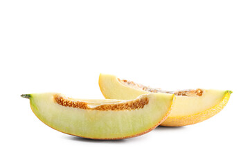 Pieces of sweet melon on white background