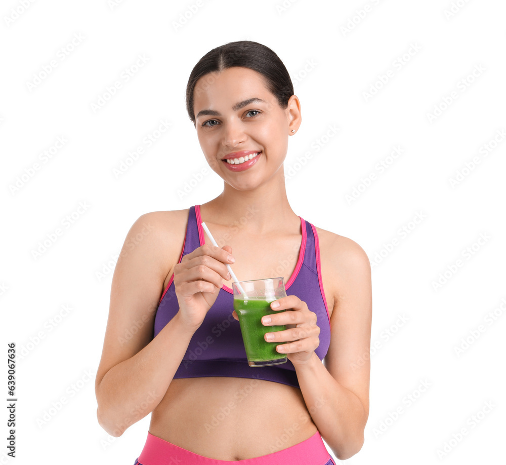 Poster Sporty young woman with healthy smoothie on white background