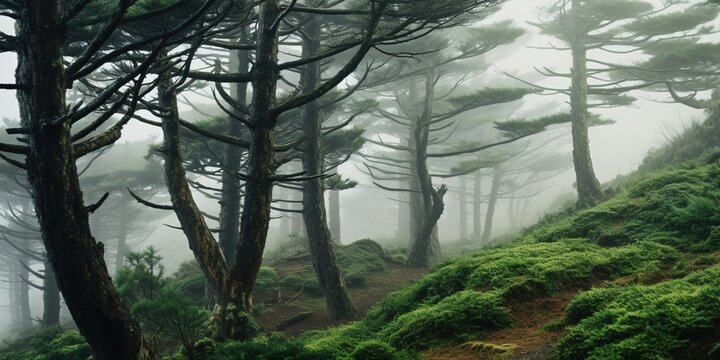 Pine trees in mist on the island of Sao Miguel, Azores.