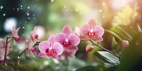 Pink orchid flowers( Cymbidium or boat orchid) against blurred botanical garden, stock photo