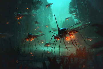 Giant battle mosquitos mutants attacks city somewhere in Russia or Ukraine. Labaratory created biohazard weapon.  Blood-sucking insects - distributors of viral diseases and the cause of epidemics.