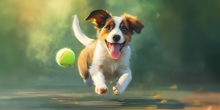 Playful happy pet dog playing, running and bringing a tennis toy ball.