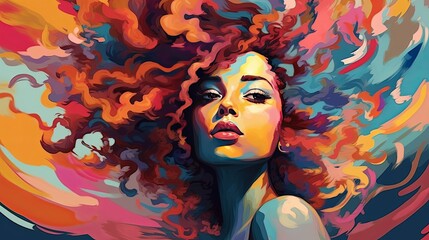 Sexy African American Female and Her Big Amazing Colorful Afro on Colorful Swirls Background © NesliHunFoto