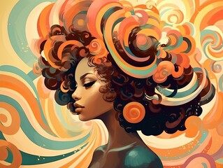 Sexy African American Female and Her Big Amazing Afro with Swirly Colors and Retro Background