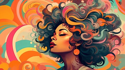 Sexy African American Female and Her Big Amazing Afro with Swirly Colors and Yellow Background